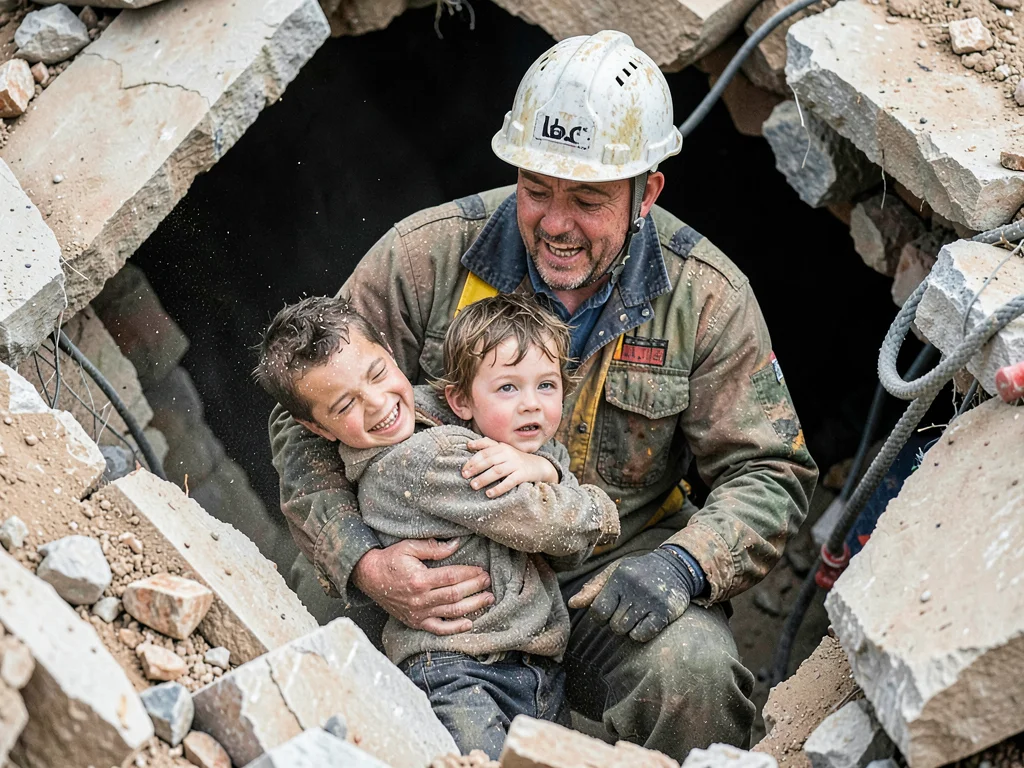 Rescue worker emerging from rubble with a small child, dust-covered, the moment 