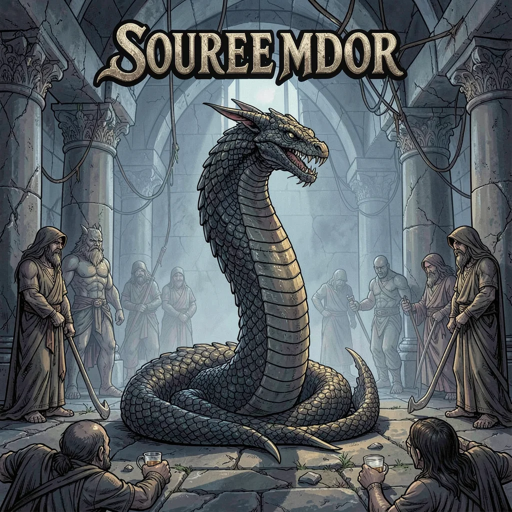 RPG sourcebook illustration, a basilisk in ancient ruins, stone statues of previ