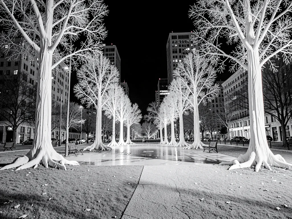 Urban park with alien white trees