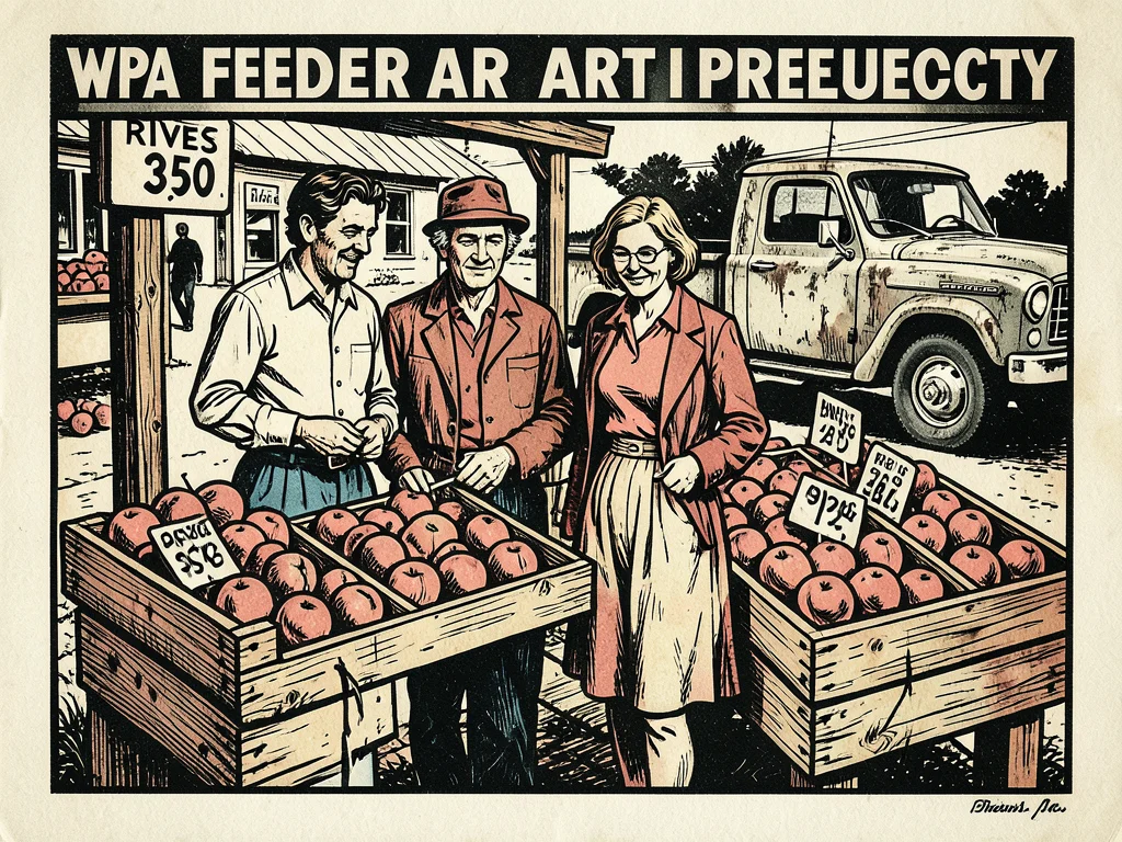 A family of four at a roadside fruit stand, wooden crates overflowing with peach