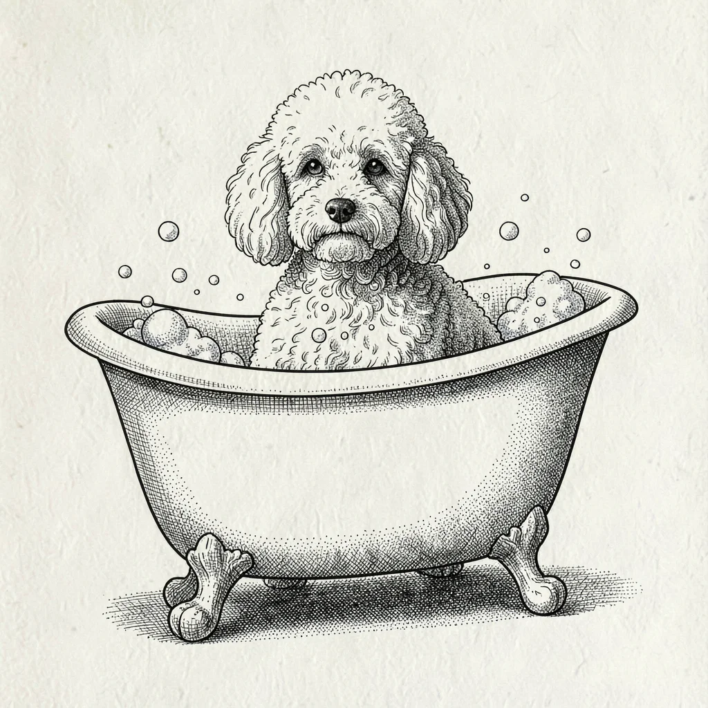 Pen-and-ink illustration of a fluffy poodle in a clawfoot tub with bubbles, fine