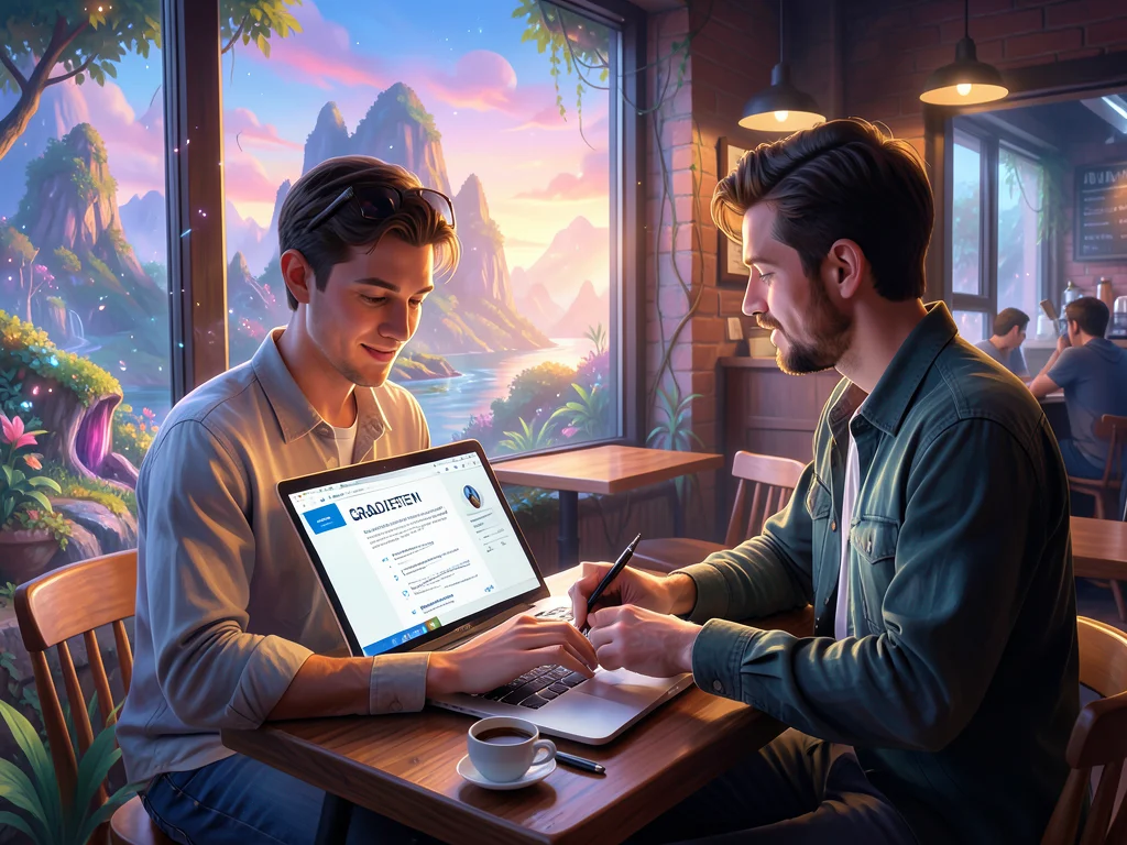 Graduate updating resume on laptop, coffee shop, new chapter