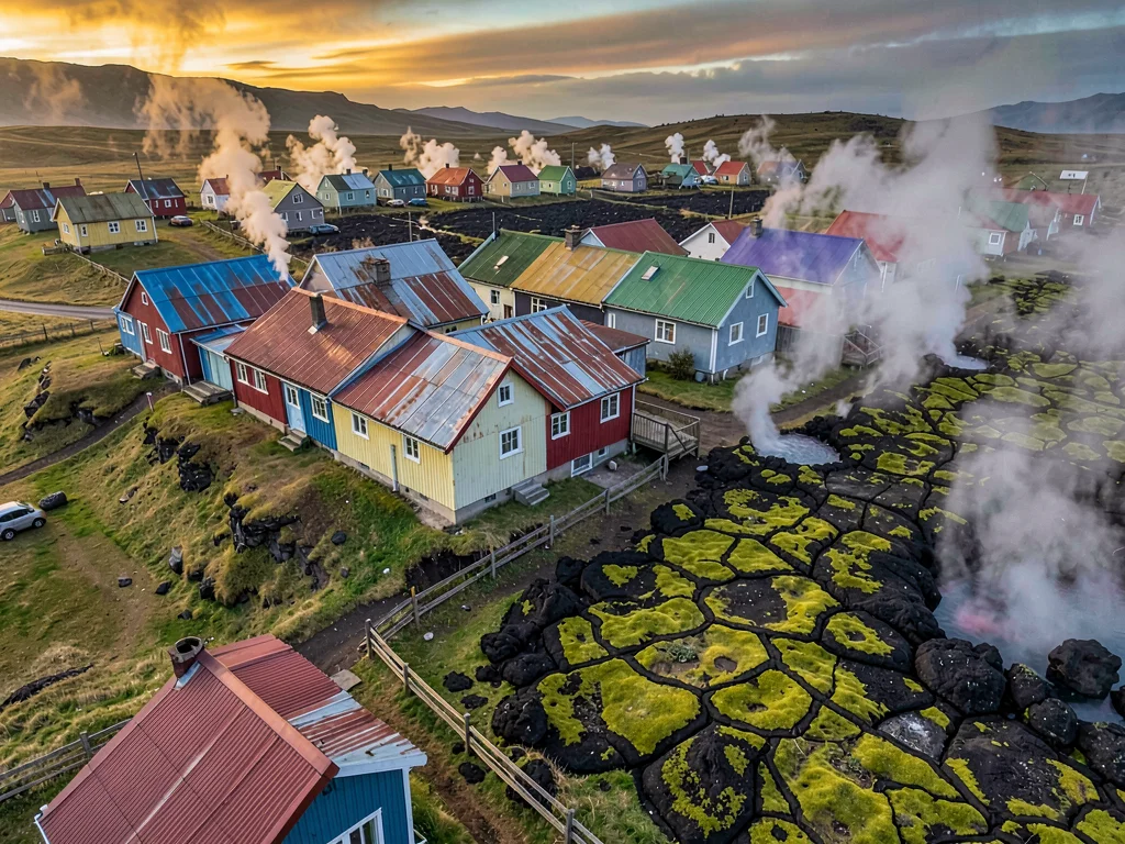 Volcanic otherworldly light in Iceland, a row of Reykjavik houses with colorful 