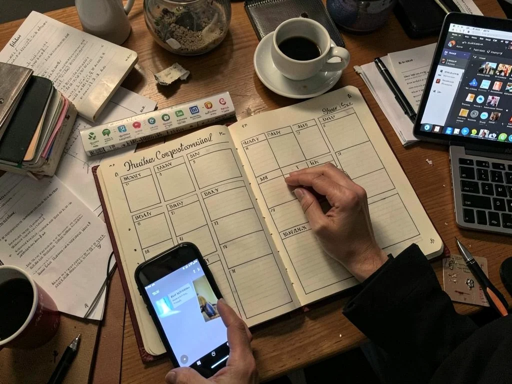 Bullet journal with elaborate monthly layout, daily boxes empty