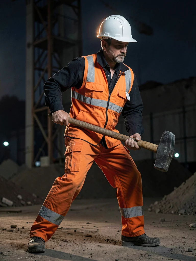 Construction worker in contraposto stance with sledgehammer, rim light on hard h