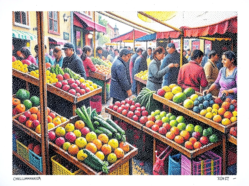 Market stalls packed with fruit and vegetables, the crowd rendered as a dense do