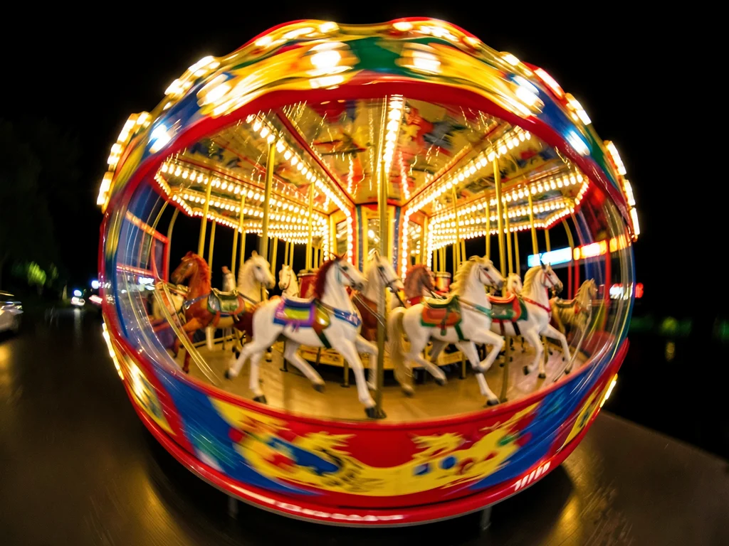 Carousel horses blurred into a circle of painted color and golden light