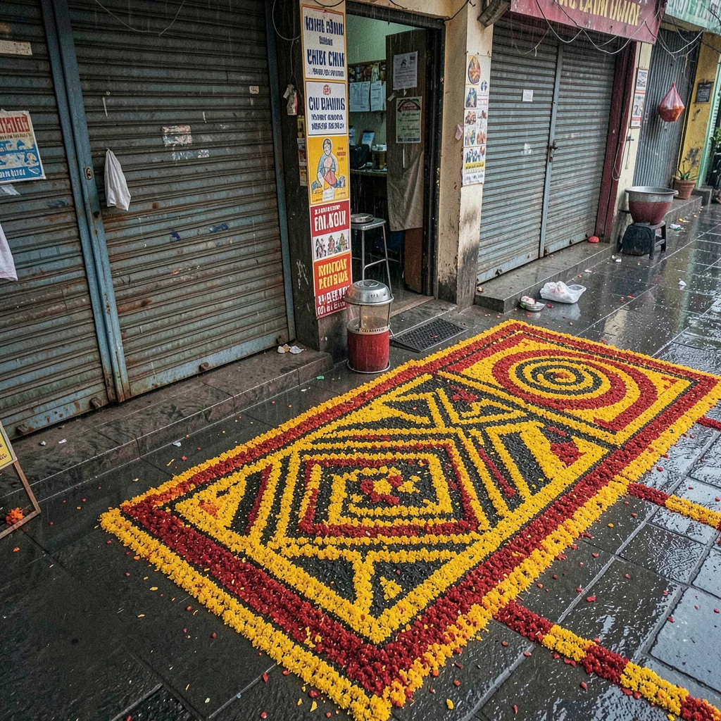 Looking down at Chennai's overlooked patterns, Kolam in front of closed shop shu