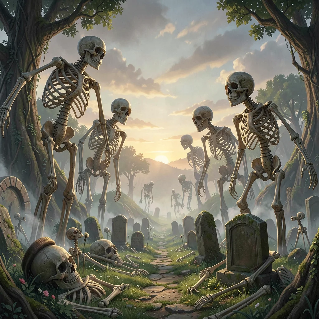 Fantasy environment illustration, a giant's graveyard with massive skeletons bec