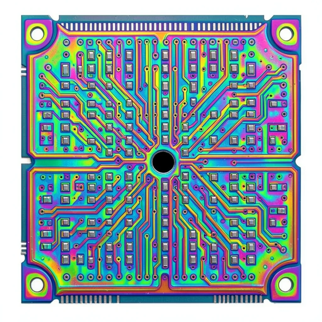 Chip defect: void in metal layer creating dark gap in otherwise perfect circuit 