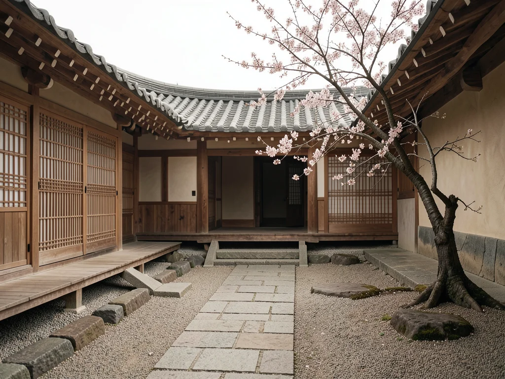 Traditional Korean hanok courtyard with curved tile roof, stone pathway, single 