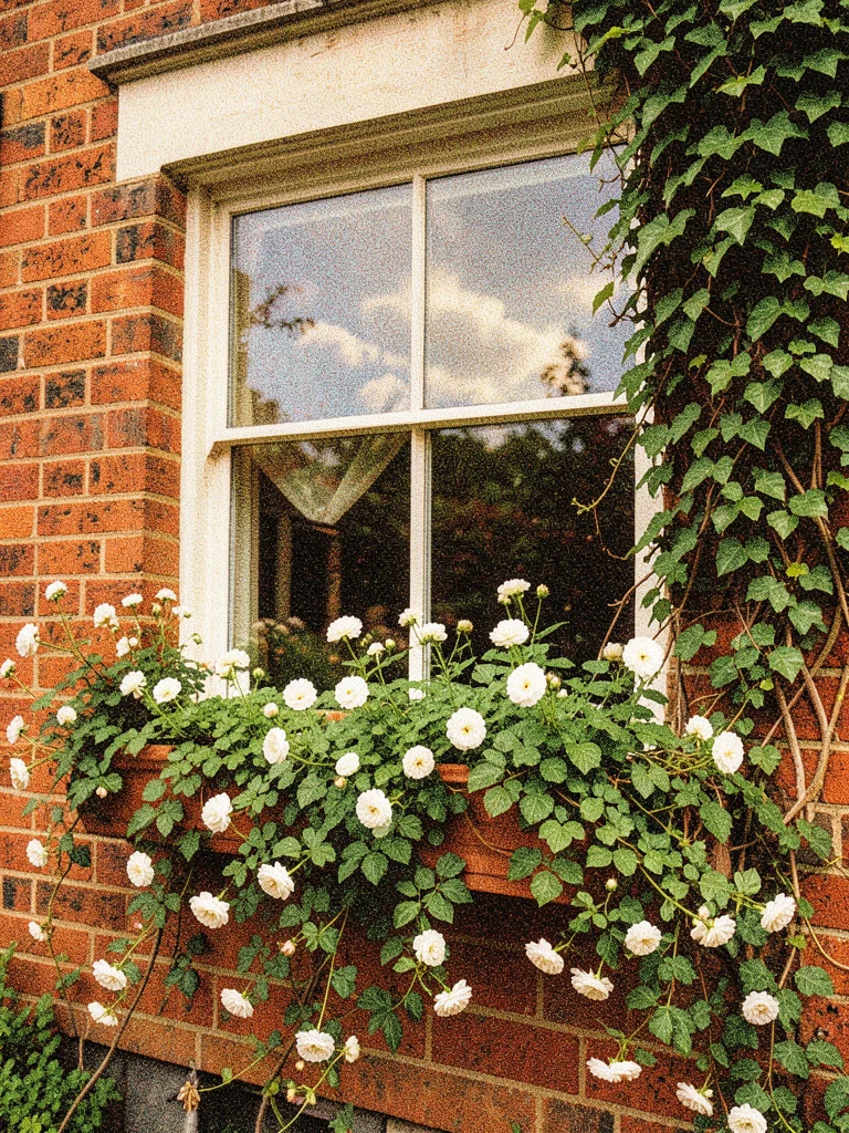 Window box on a Dublin Georgian house bursting with trailing ivy and white geran