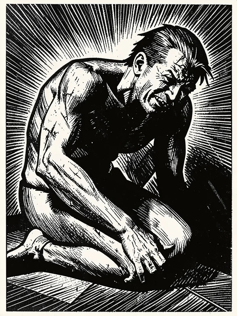 Kneeling figure in anguish, body distorted by sharp diagonal gouges