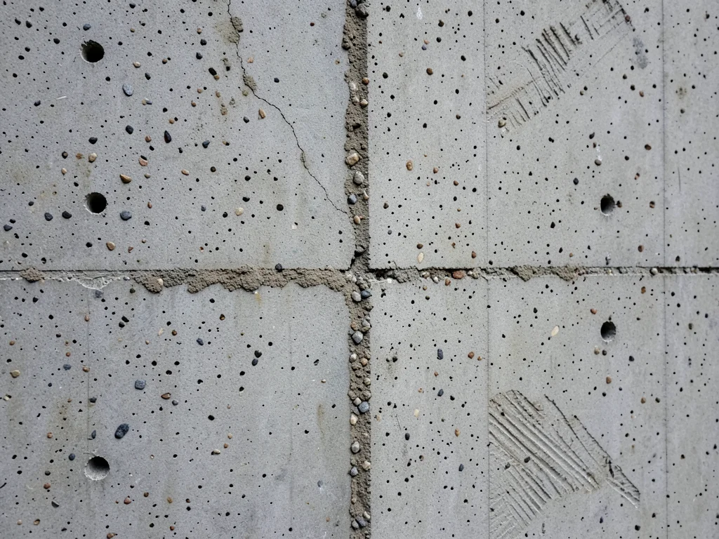 Precast concrete panel with circular bolt holes at corners and seam line running