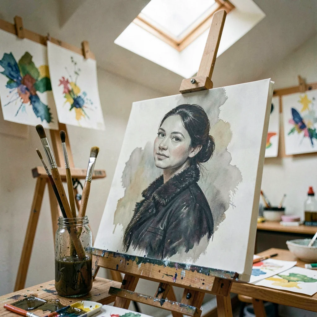 Background painter portrait at an easel under skylight, brushes in a jar of murk