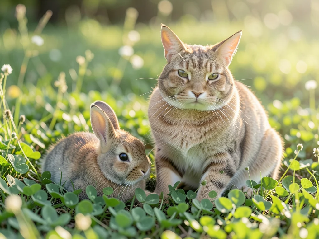 Two baby rabbits nestled in clover patch, soft morning light