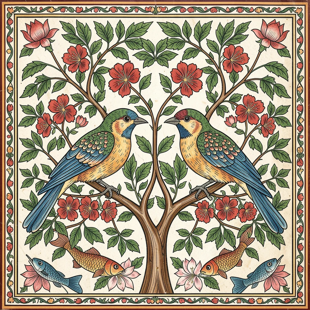 Two parrots on a flowering branch — symmetrical mirror pose, dense leaf clusters