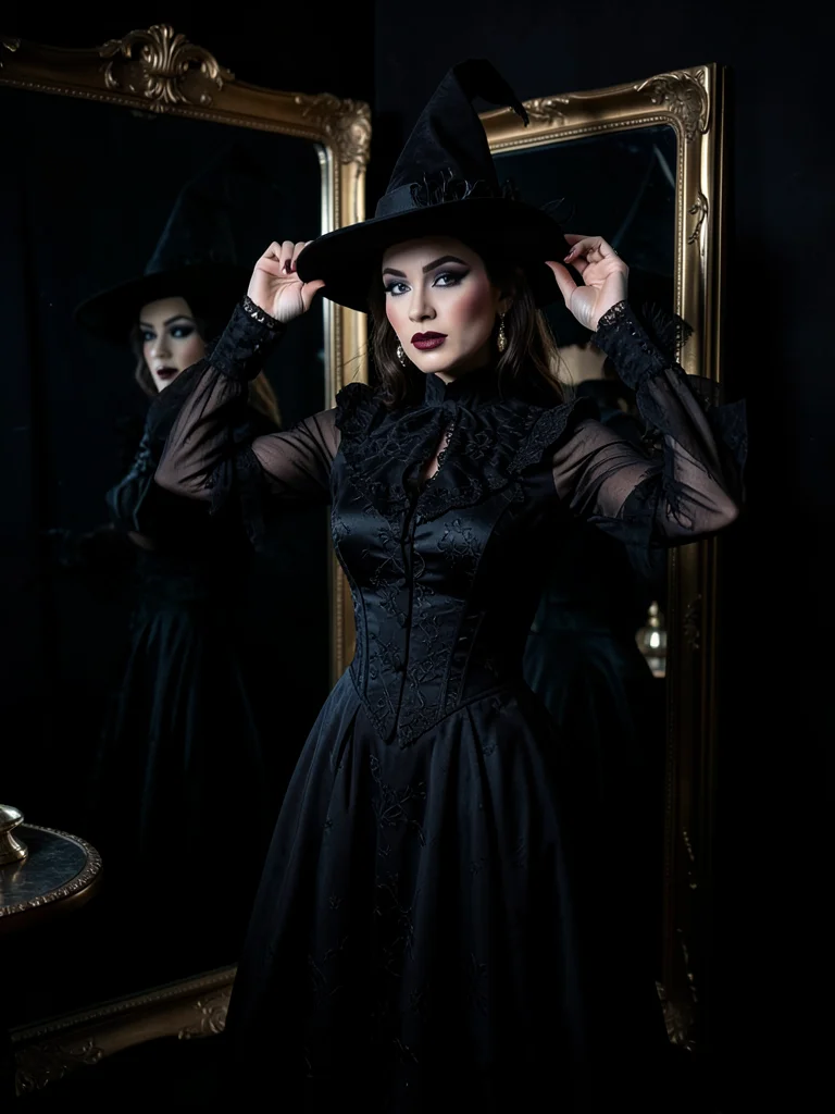 Person in elaborate witch costume adjusting hat in mirror, makeup, dark room
