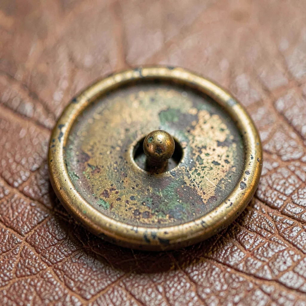 close-up of a tarnished brass button with patina, tactile texture