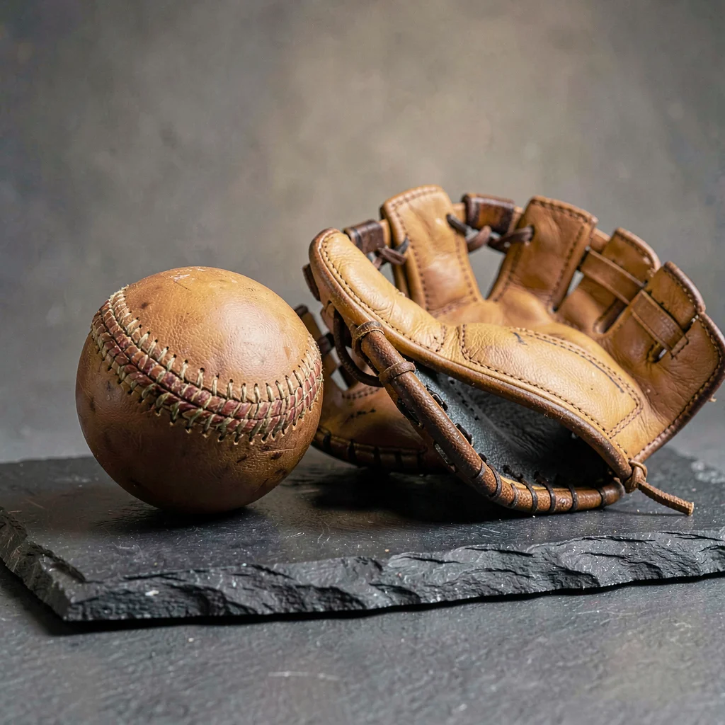 Mineralcut study of a leather cricket ball and wicket-keeper glove on slate, har