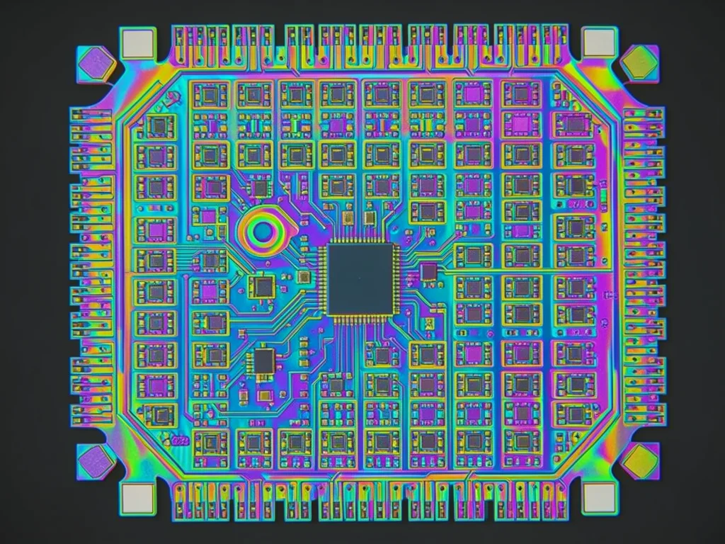CPU die macro showing repeating core units, identical processing blocks tiled ac
