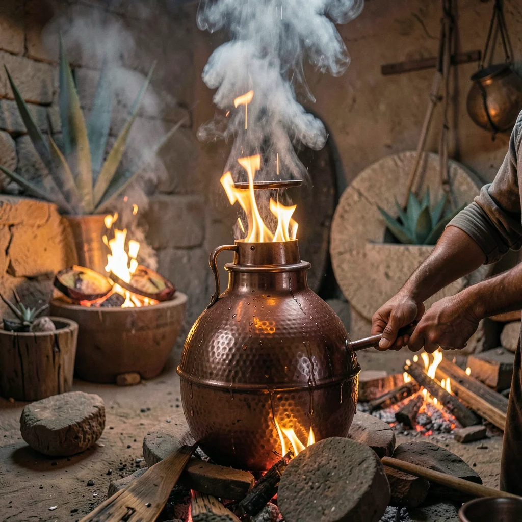Oaxacan mezcal process, palenque atmosphere, A copper still catching firelight, 