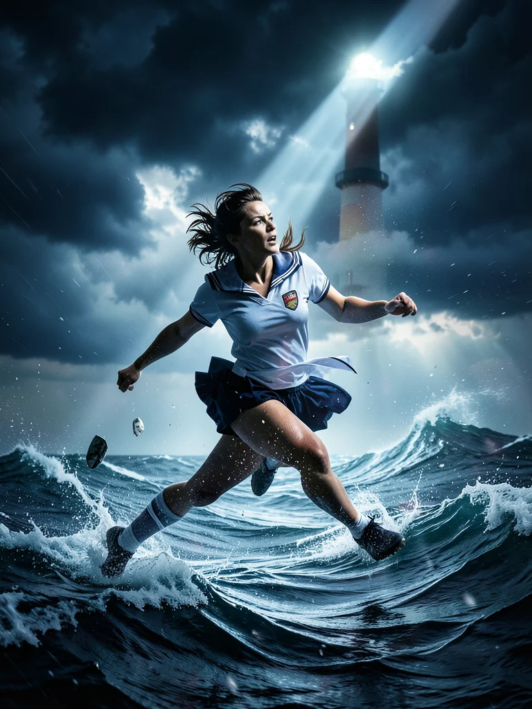 Sailor silhouette filled with stormy sea and lighthouse beam, double exposure