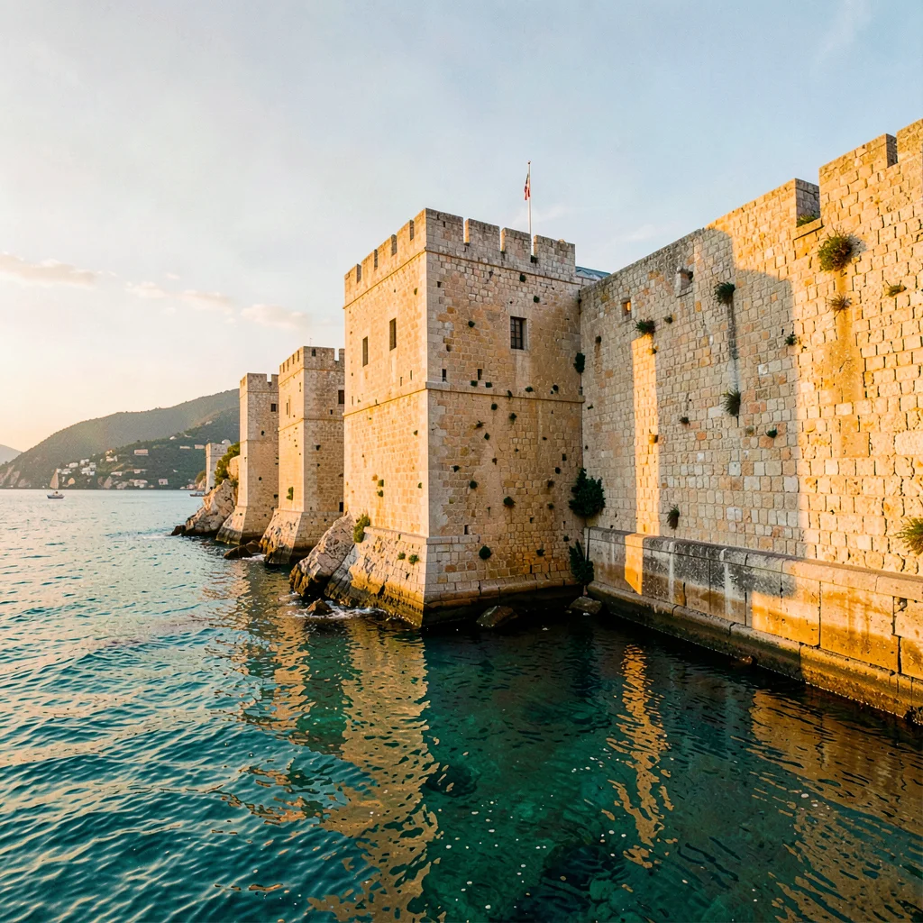 Adriatic limestone warmth, Dubrovnik honey stone, Stone fortress wall meeting ca
