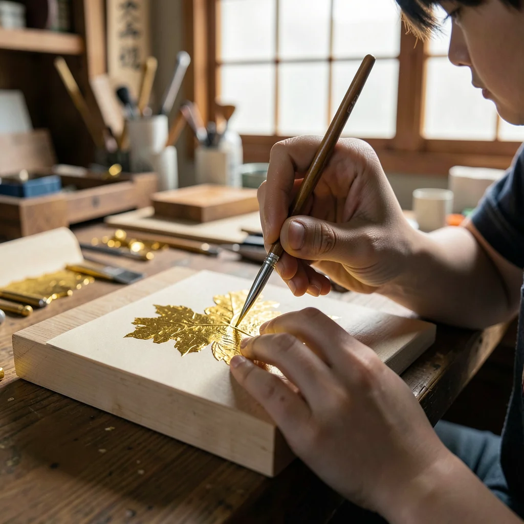 Kanazawa gold leaf craft, extreme delicacy, young apprentice hands learning gold