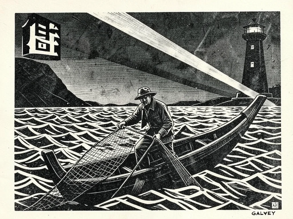 A fisherman hauling a net from a currach off the Galway coast, waves stylized in