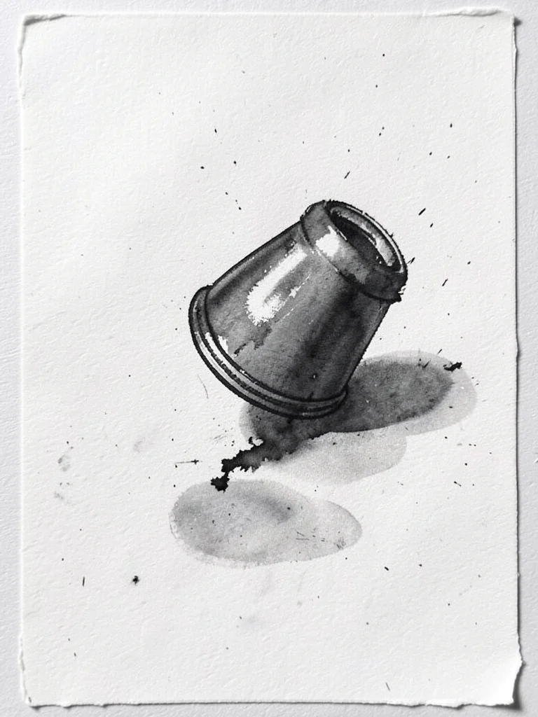 Monoprint of single cap tossed in air, motion captured in ink transfer