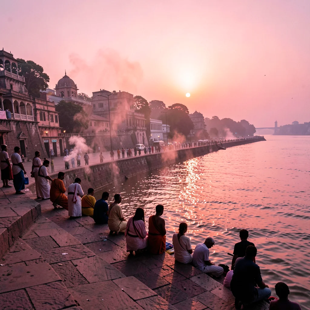 Varanasi ghat dawn, Ganges pink-gold light, pilgrim silhouettes on stone steps, 