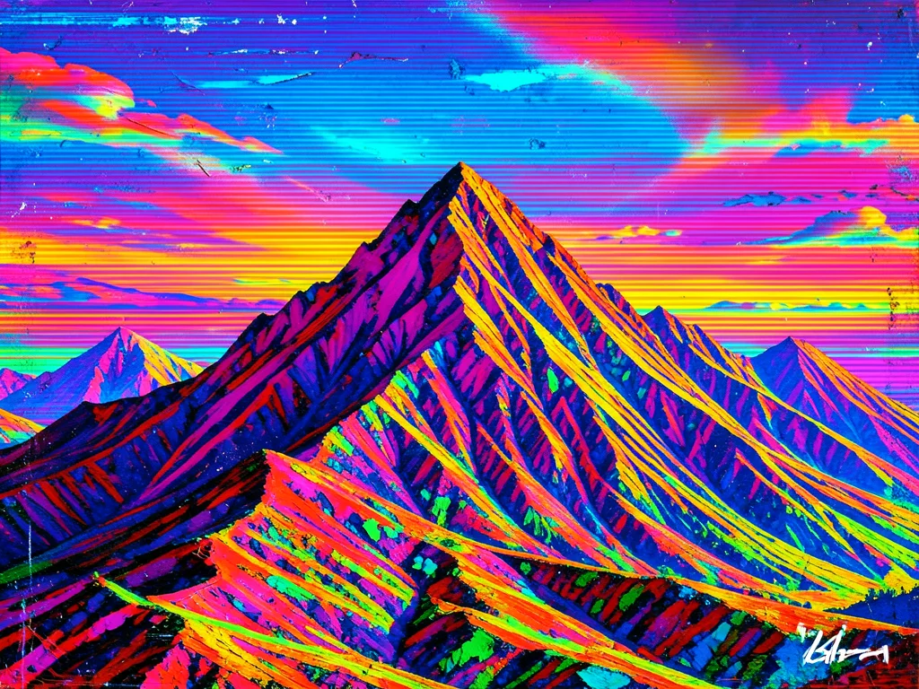 Mountain range with horizontal scan line displacement, vaporwave color palette