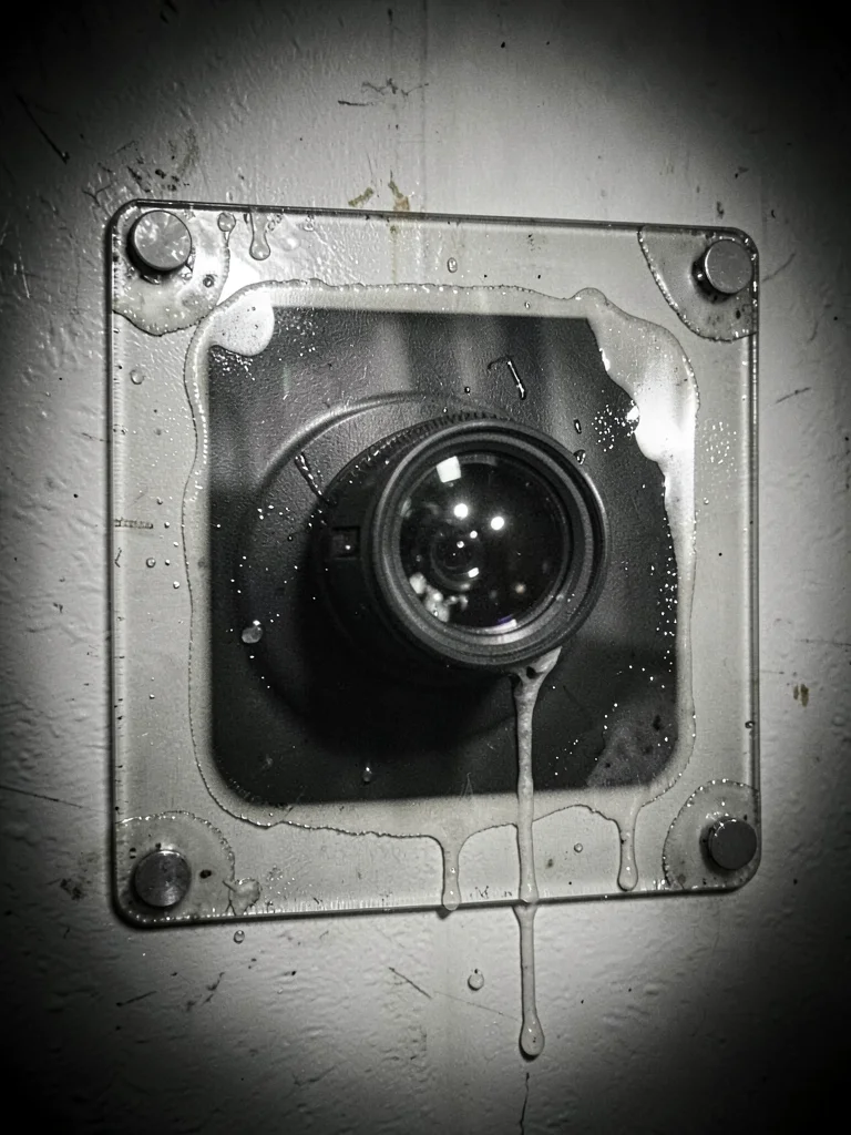 Home security camera mounted on wall, lens reflecting light, 8x10 glass plate we