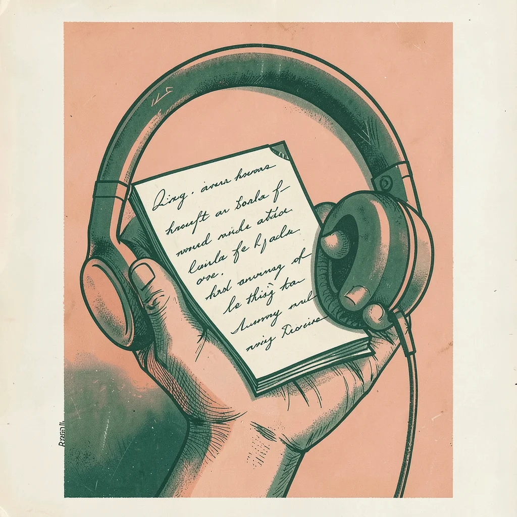 Riso poster of a hand cradling a script and headphones, salmon and bottle green 