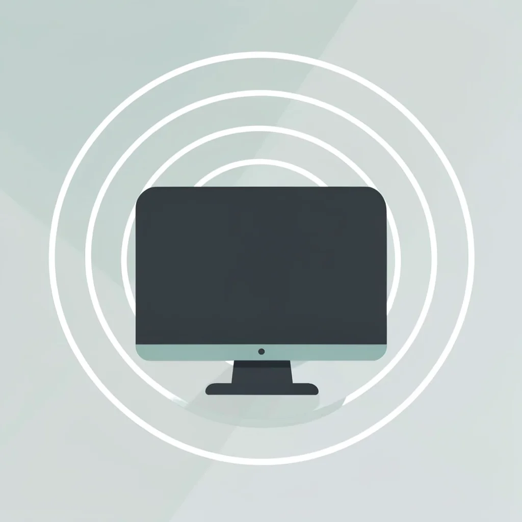 Flat-vector composition of a rounded monitor silhouette emitting concentric arcs