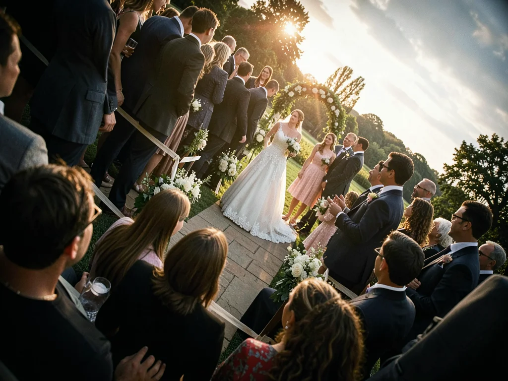 Wedding ceremony from behind last row, the aisle a vertiginous drop