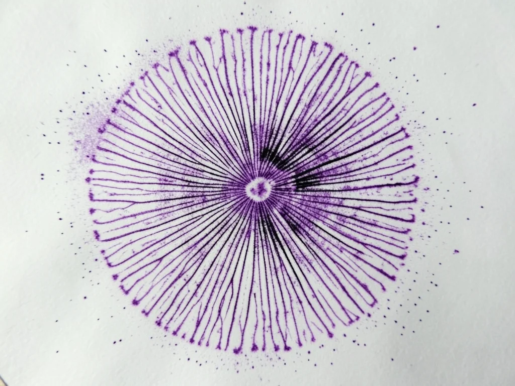 Lilac spore print from blewit mushroom, unusual purple deposit on white paper, v