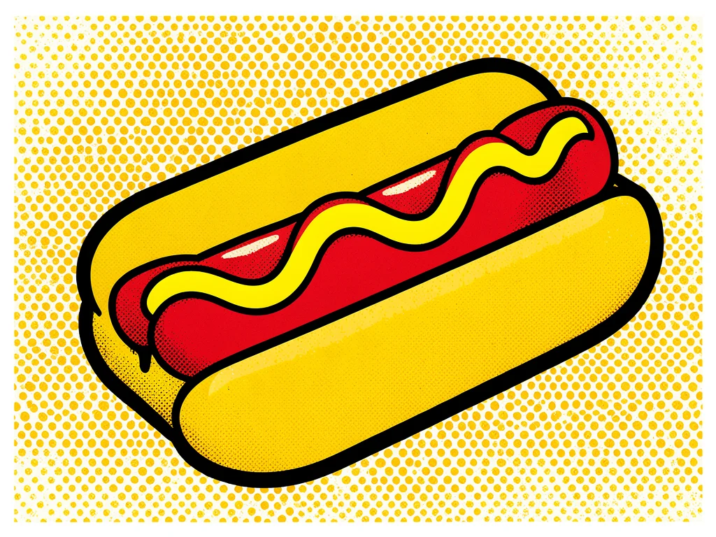 Hot dog in a bun, bright mustard yellow, flat red condiment, halftone ground