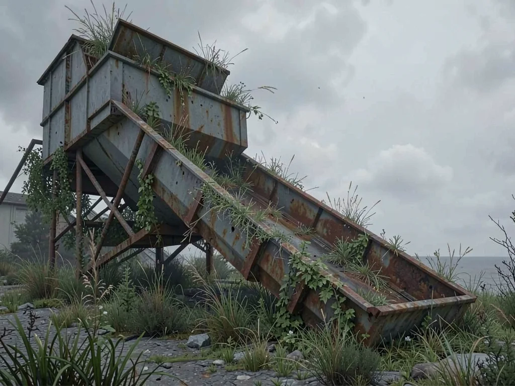 Conveyor belt loading hopper exterior choked with grasses, the chute lip rimmed 