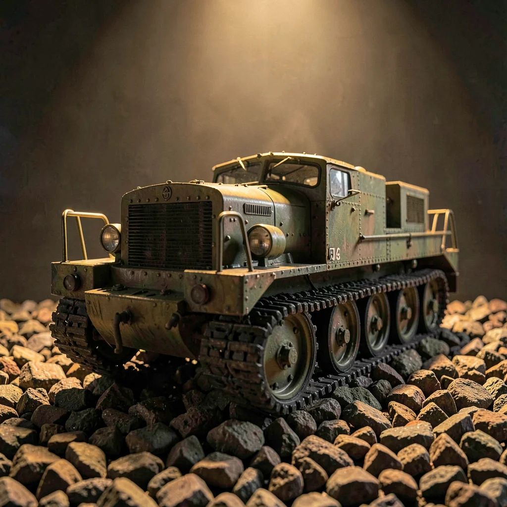 Single tank car on weathered ballast, warm low spotlight catching rivets