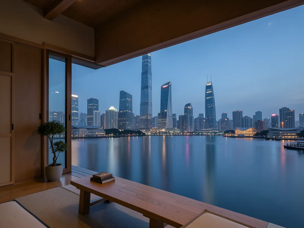 Shanghai skyline at blue hour, modern towers reflected in the Huangpu River, lon