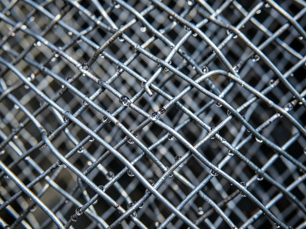 Metal mesh with condensation droplets, water beading at wire intersections, each