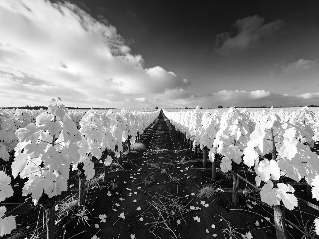 Rolling vineyard rows — leaves luminous white, dark soil between, pale clouded s