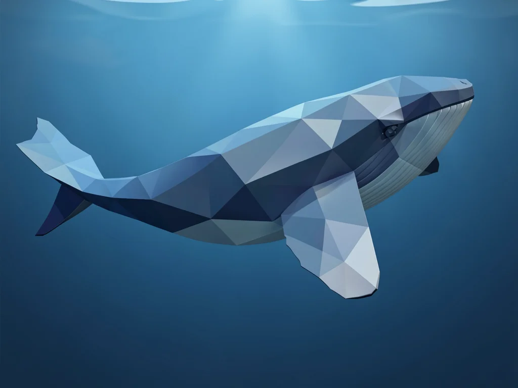 A geometric humpback whale diving under water, its body and flukes resolved into