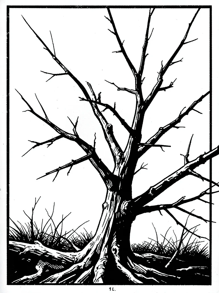 Bare winter tree against white sky, branches as angular torn marks
