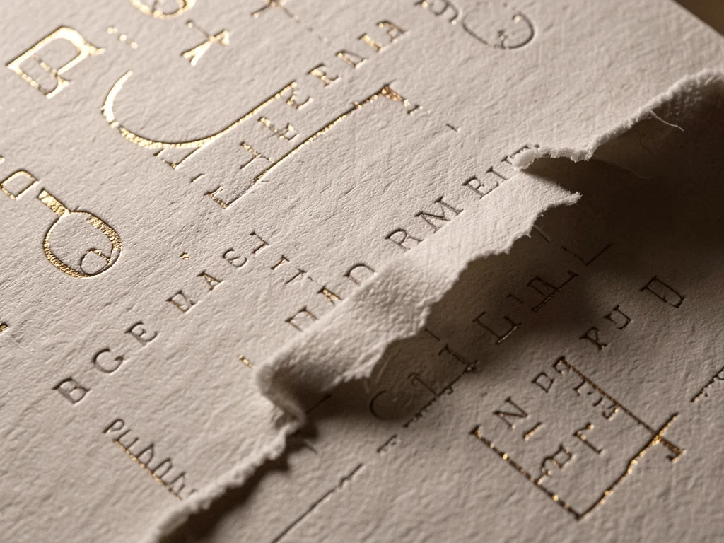 Edge detail of letterpress printed and die-cut cotton paper, impression depth vi