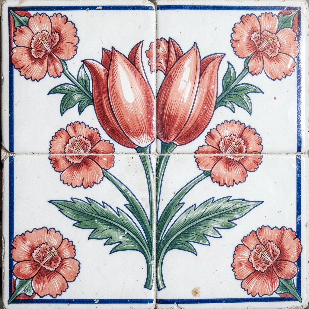 Close-up of a single Iznik tile surface — glaze texture, fine line brushwork, co