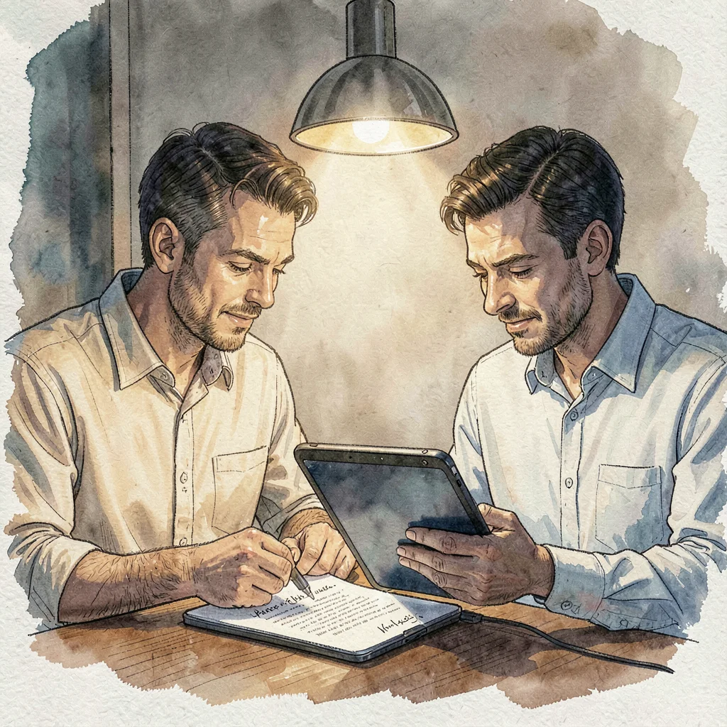Portrait of two producers comparing chapter notes on a tablet, lamp pooled overh
