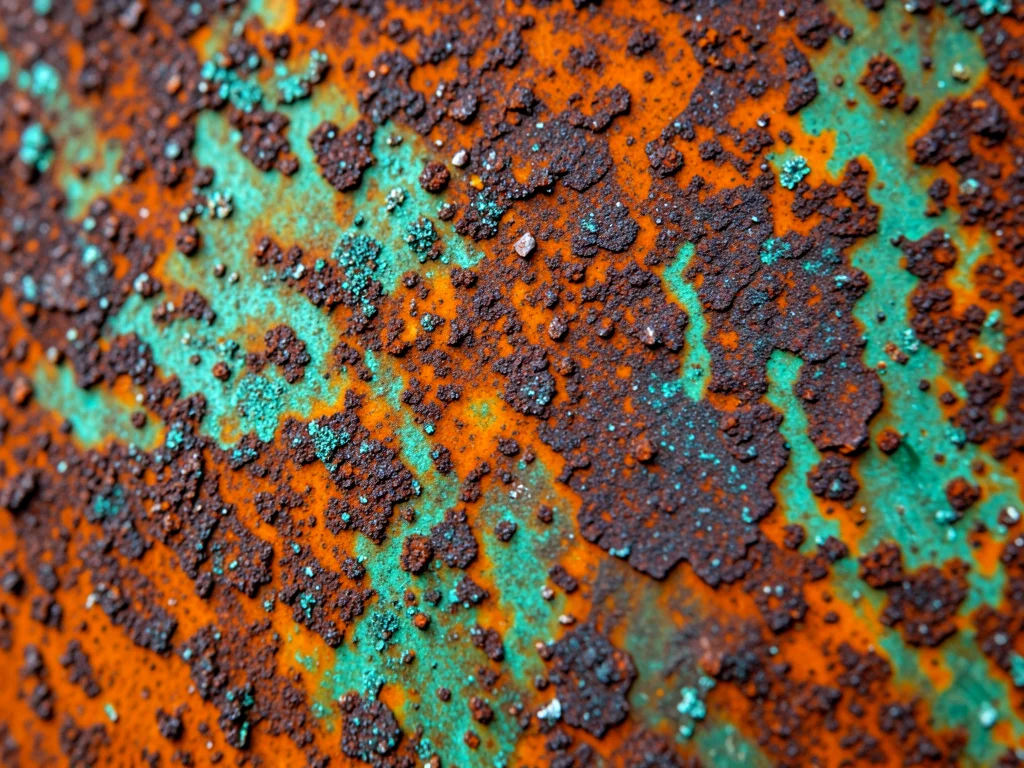 Weathering steel (Corten) surface, protective rust layer in deep warm brown-oran
